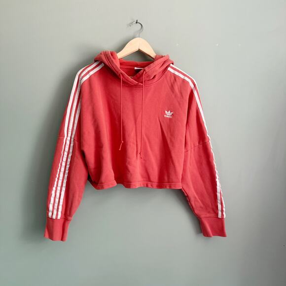 Adidas Originals Adicolor 3 Stripe Cropped Hoodie Coral Peach large - Picture 1 of 5